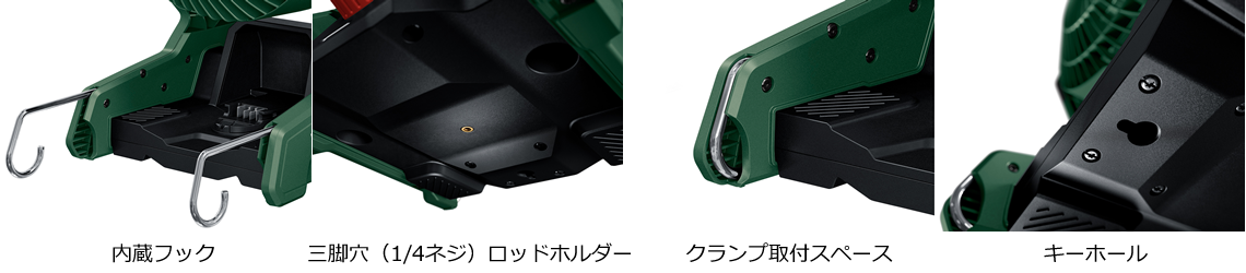 内蔵フック | 三脚穴(1/4ネジ)ロッドホルダー | クランプ取付スペース | キーホール